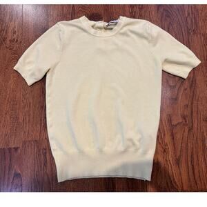 Zara Women's Short Sleeve Crew Neck Sweater with Gold Button Detail Yellow Sz M